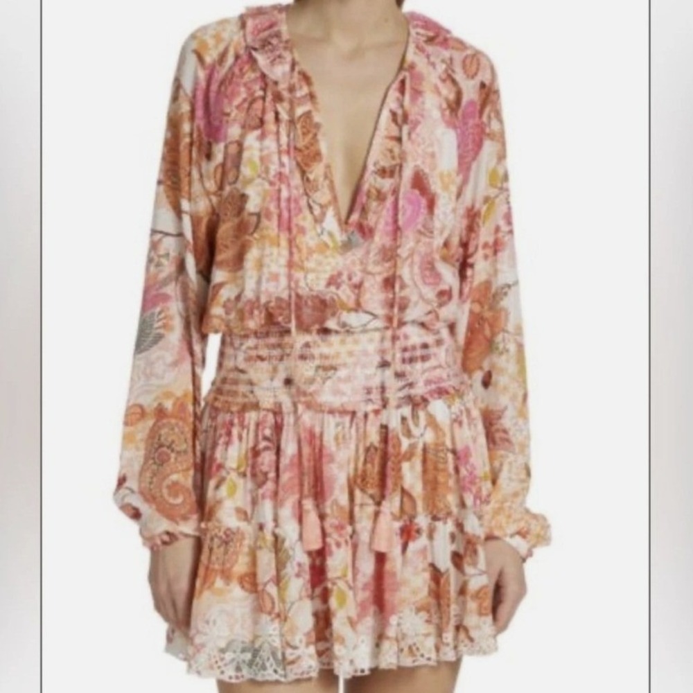 Hemant & Nandita Amal Floral Mini Dress Women Medium Orange Boho Smock‎ Metallic